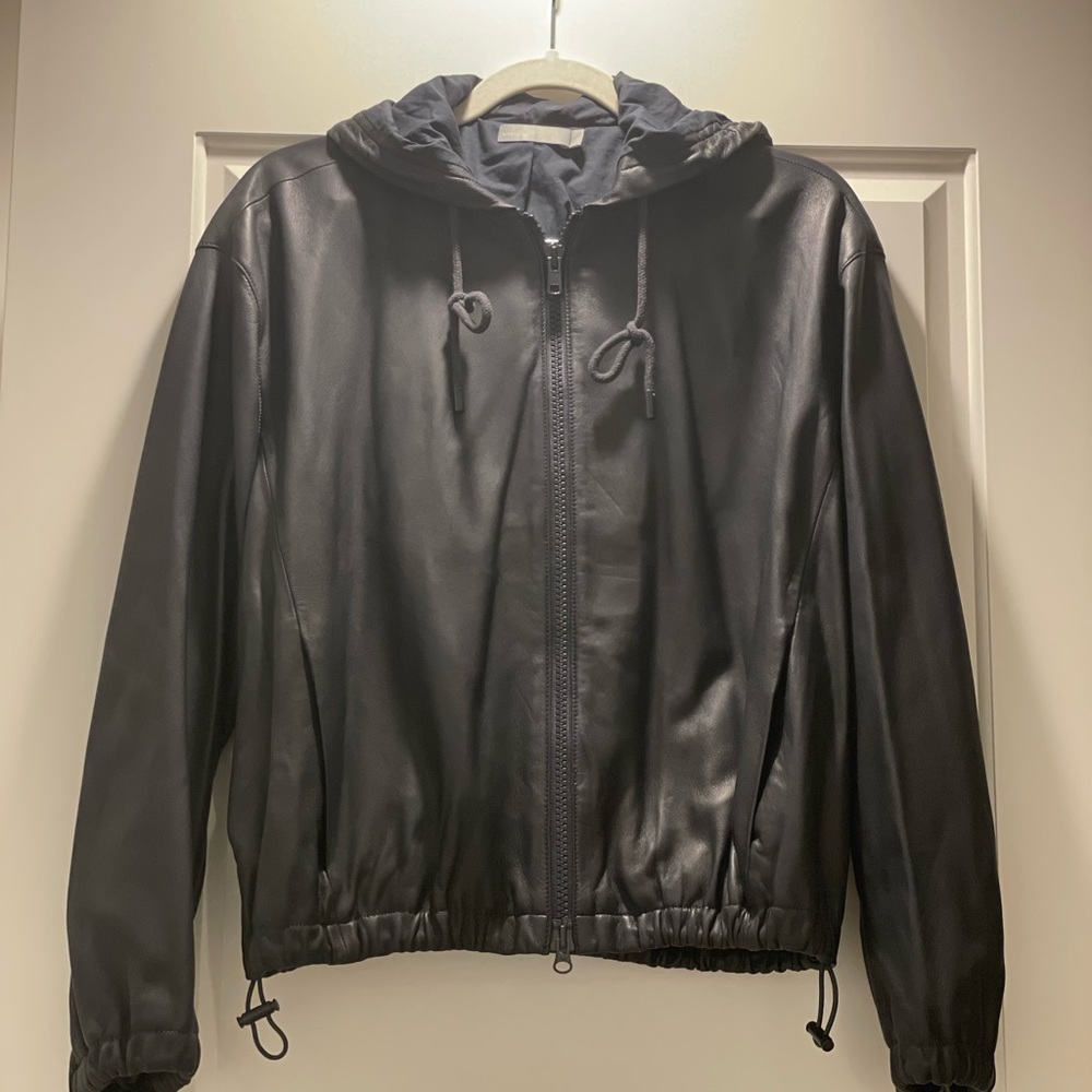 Brand New Vince women’s lamb skin leather hooded jacket in Navy.